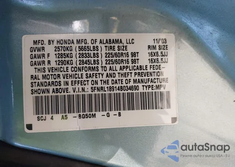 2004 Honda Odyssey Ex-L z USA, uszkodzony, nr VIN 5FNRL18914B034690
